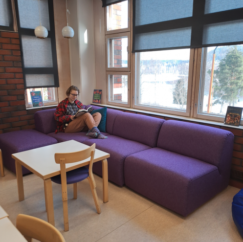 Henkilö istuu violetilla sohvalla ikkunoiden edessä ja lukee kirjaa. 