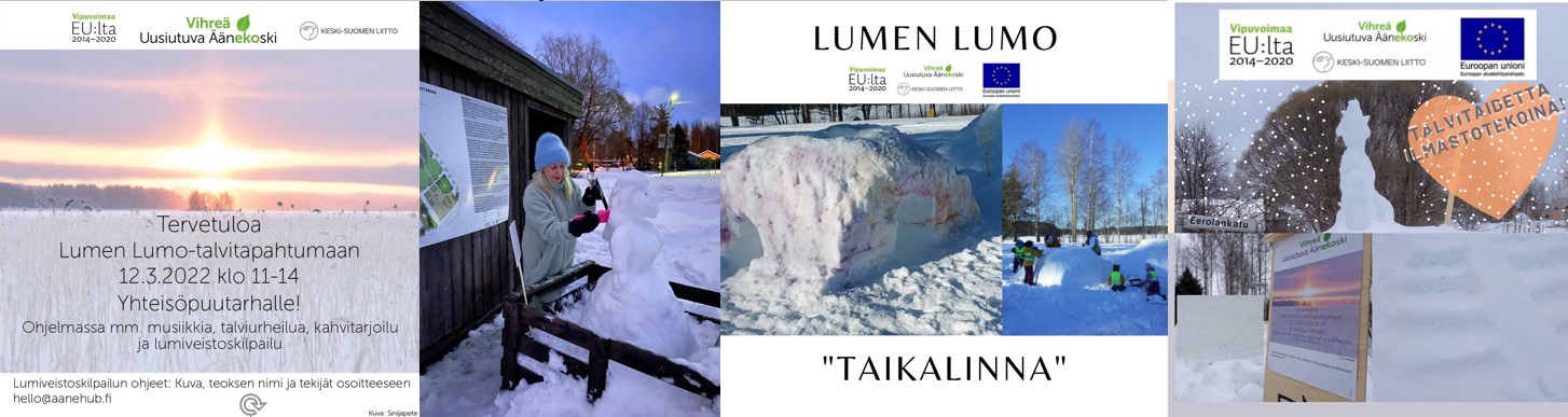 Kuvassa Lumen Lumo tapahtuman avausteos Miss Äänekoski sekä osallistujien teoksia.