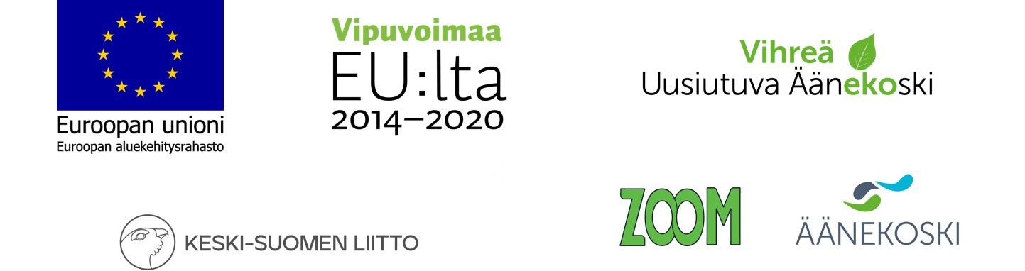Kuvassa mahdollistajien logot: Euroopan aluekehitysrahasto (EAKR), Keski-Suomen liitto, Äänekosken kaupunki, Äänekosken työpaja Zoom sekä Vihreä Uusiutuva Äänekoski -hanke.
