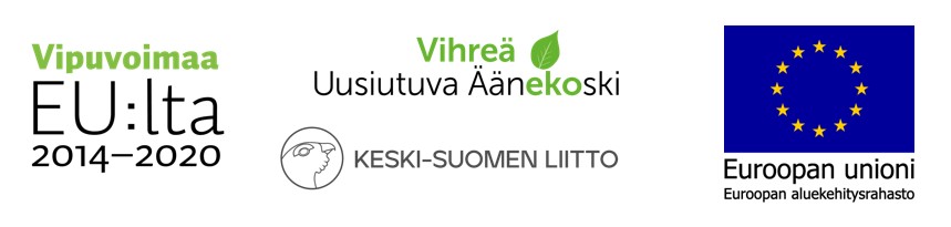 Kuvassa Vihreä Uusiutuva Äänekoski -hankkeen sekä sen mahdollistajien logot: Euroopan aluekehitysrahasto (EAKR), Keski-Suomen liitto ja Äänekosken kaupunki. 