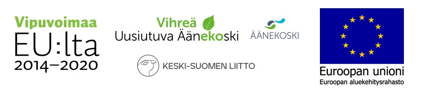 Kuvassa Vihreä Uusiutuva Äänekoski -hankkeen mahdollistajien logot: Euroopan aluekehitysrahasto (EAKR), Keski-Suomen liitto sekä Äänekosken kaupunki.