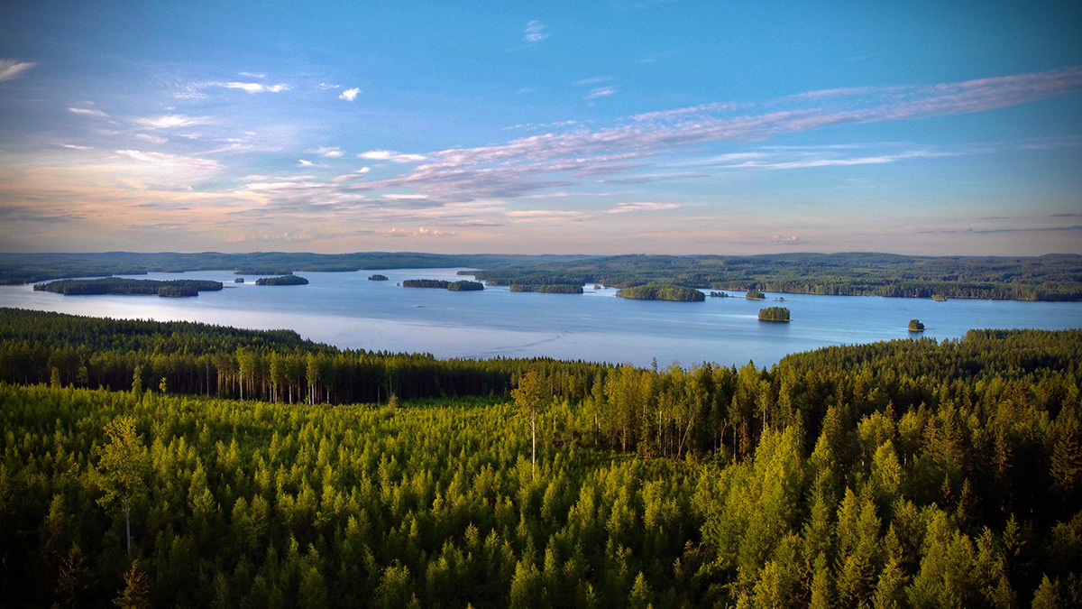 Maisemakuva. Metsää ja järviä.