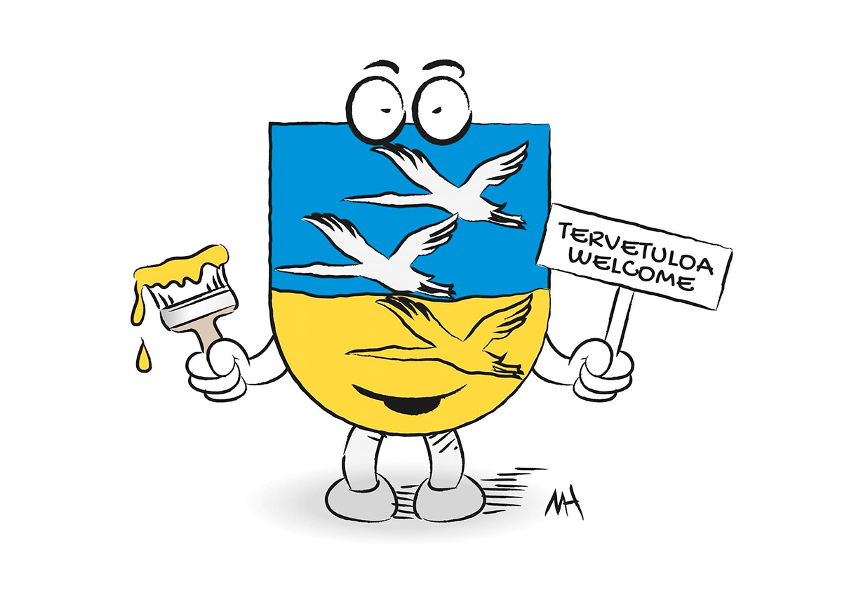 Piirros, jossa toivotetaan ukrainalaiset tervetulleiksi.