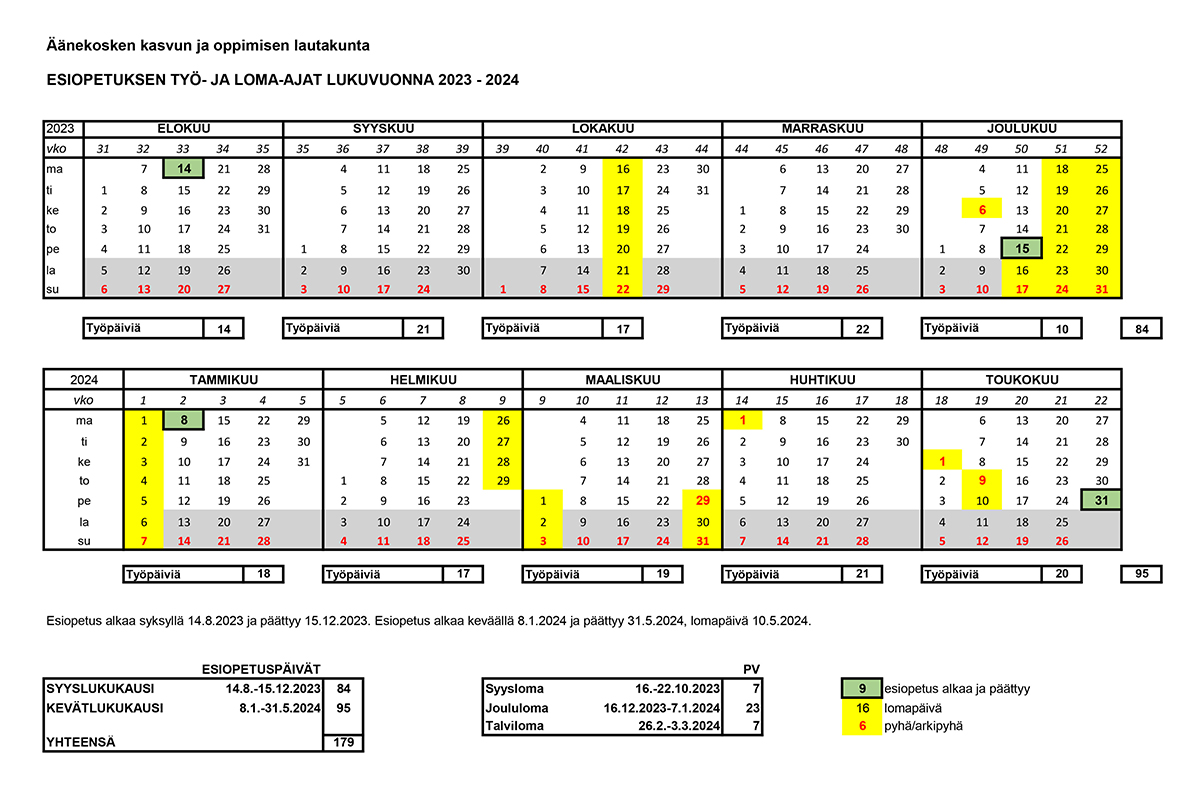 Kalentereissa esiopetuksen työ- ja loma-ajat.