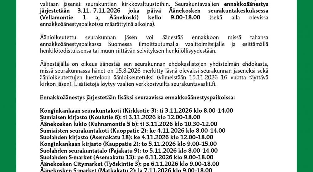 Seurakuntavaalit 2026 - ennakkoäänestys