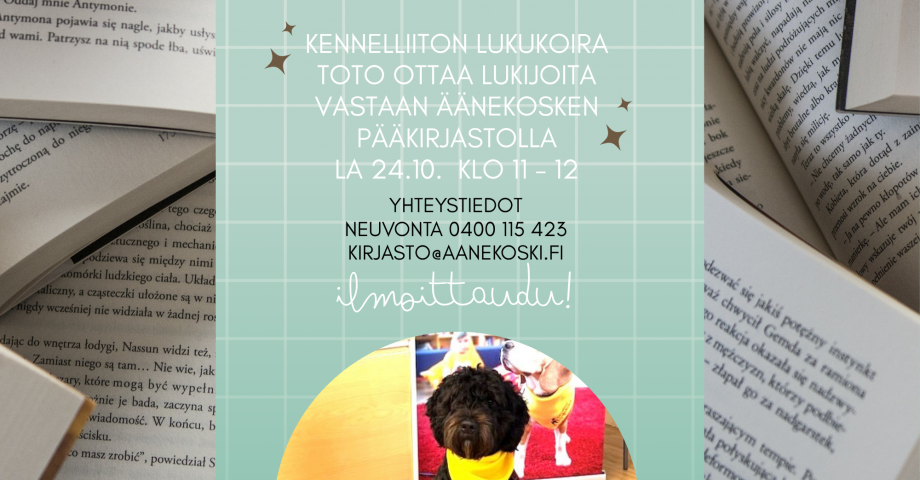 Lukukoira Toto Äänekosken pääkirjastossa
