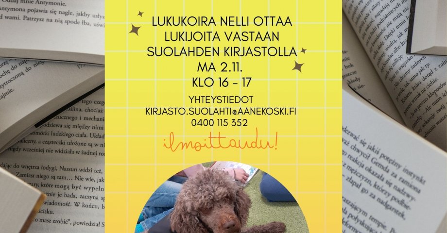 Lukukoira Nelli Suolahden kirjastossa