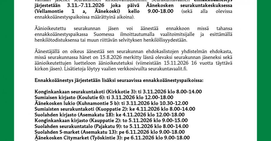 Seurakuntavaalit 2026 - ennakkoäänestys