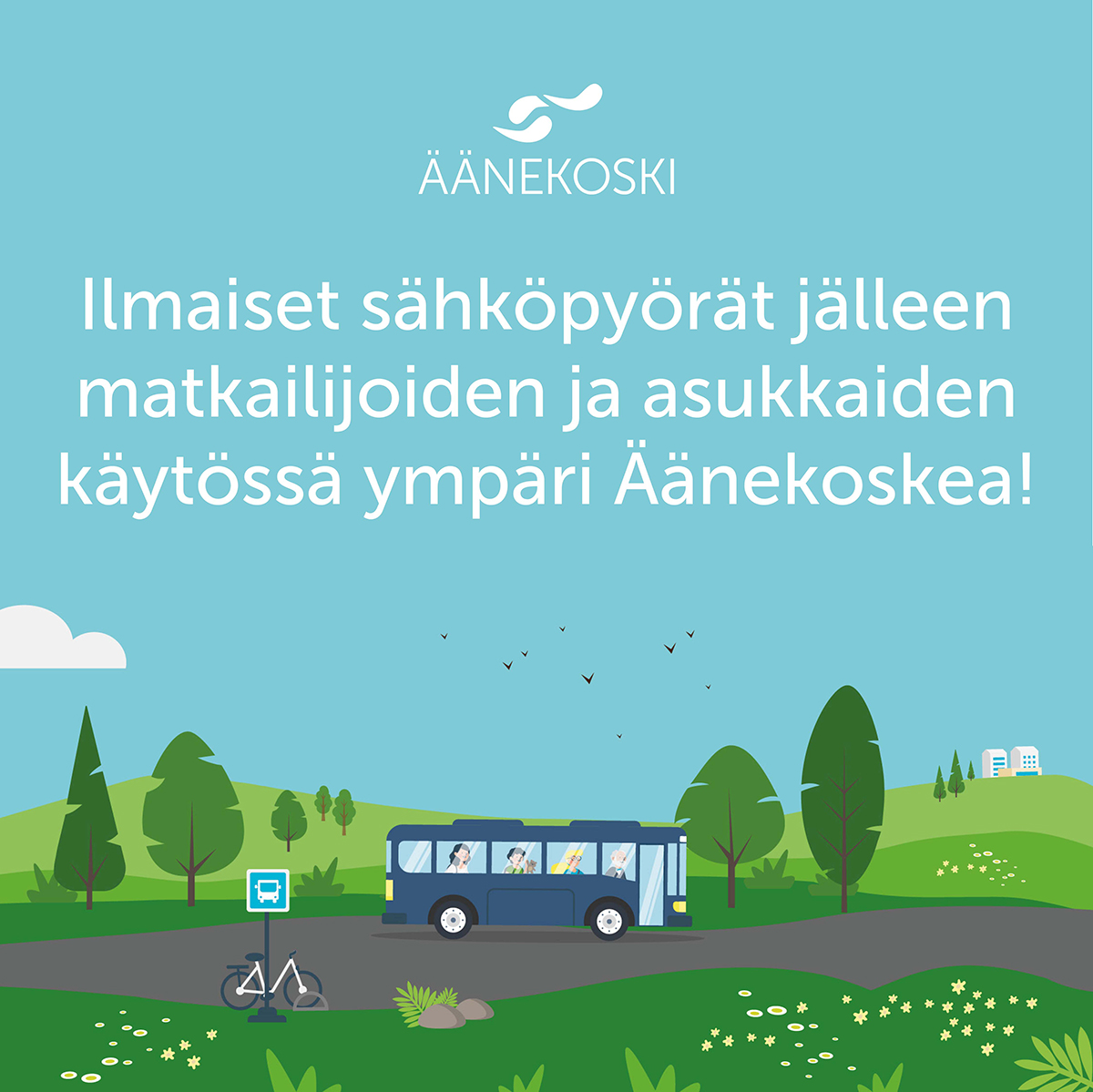 Sähköpyöräilystä piirretty mainos.
