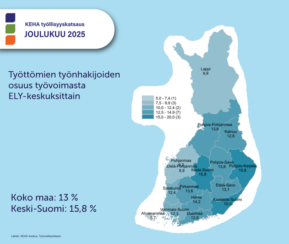Suomen kartta, jossa näkyy joulukuun työttömyysprosentteja maakunnittain.