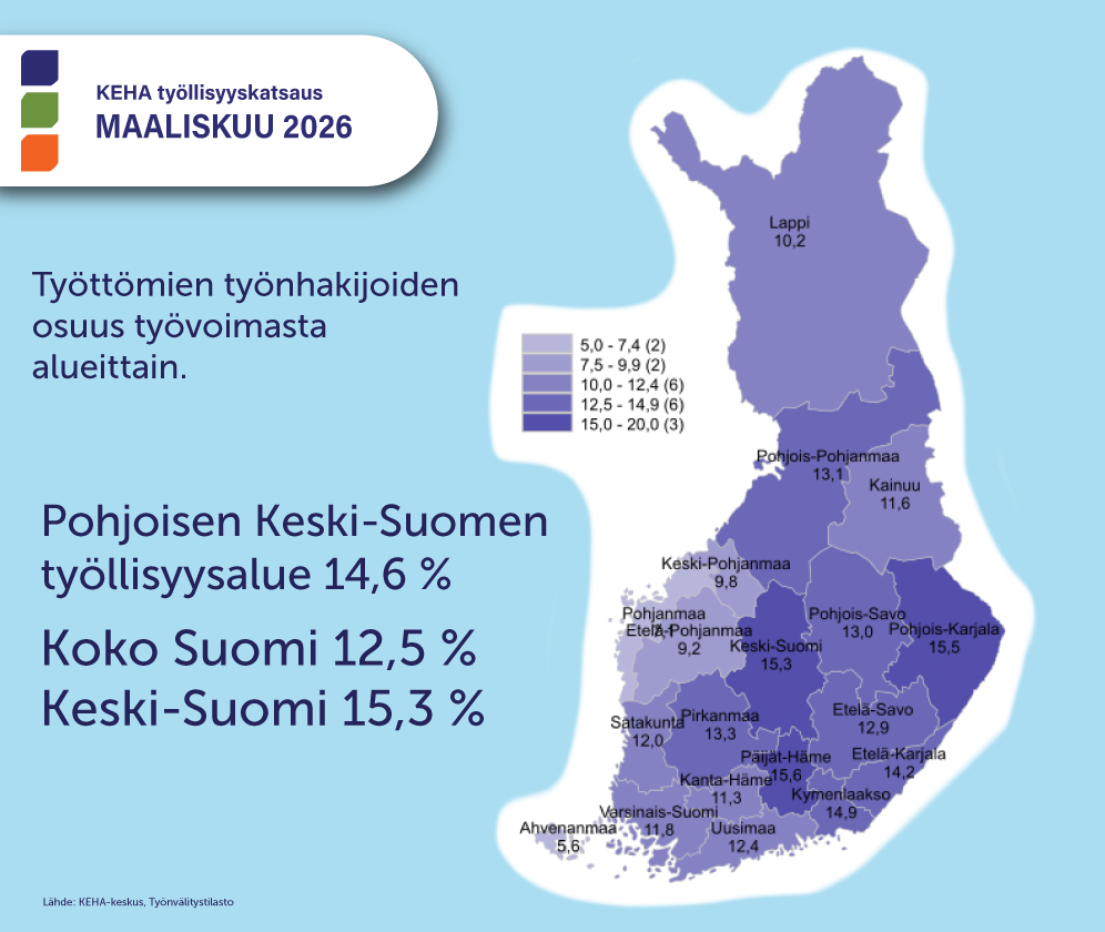 Kuvituskuva. Suomen kartta ja työttömyysprosentit.