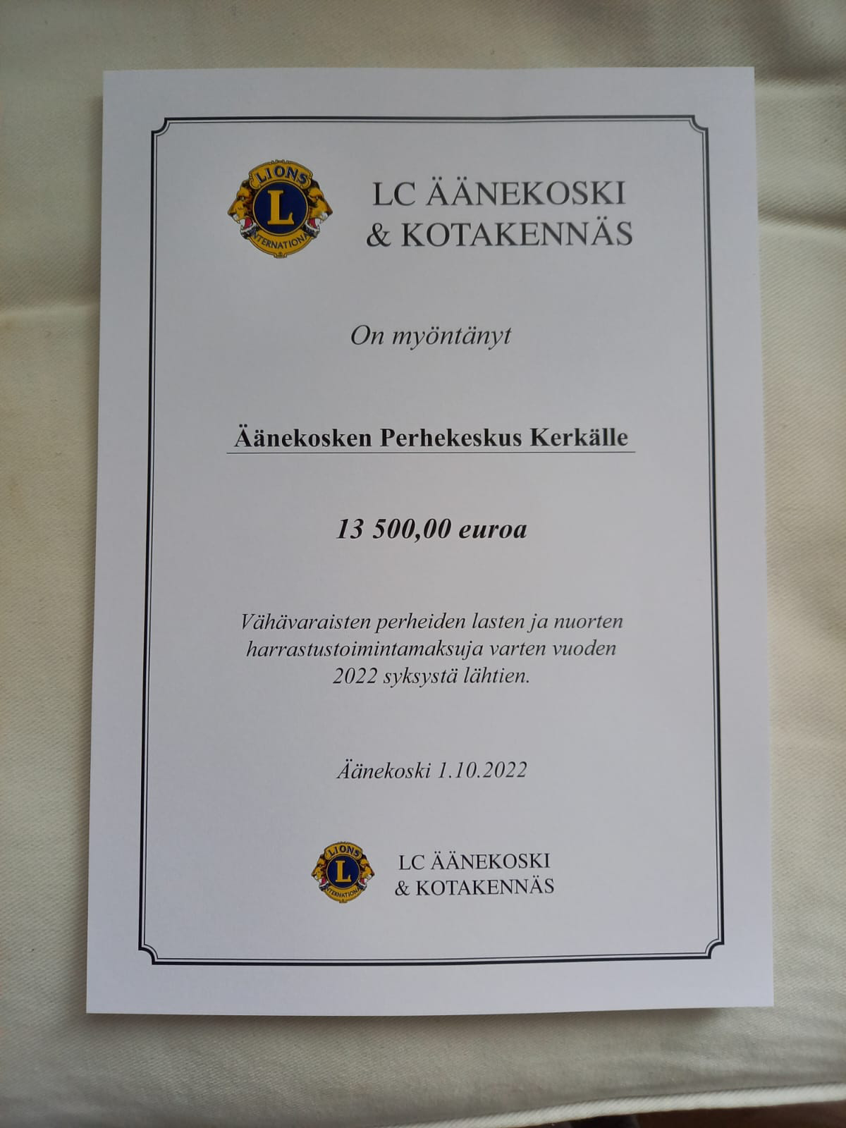 Kuva lahjoituskortista