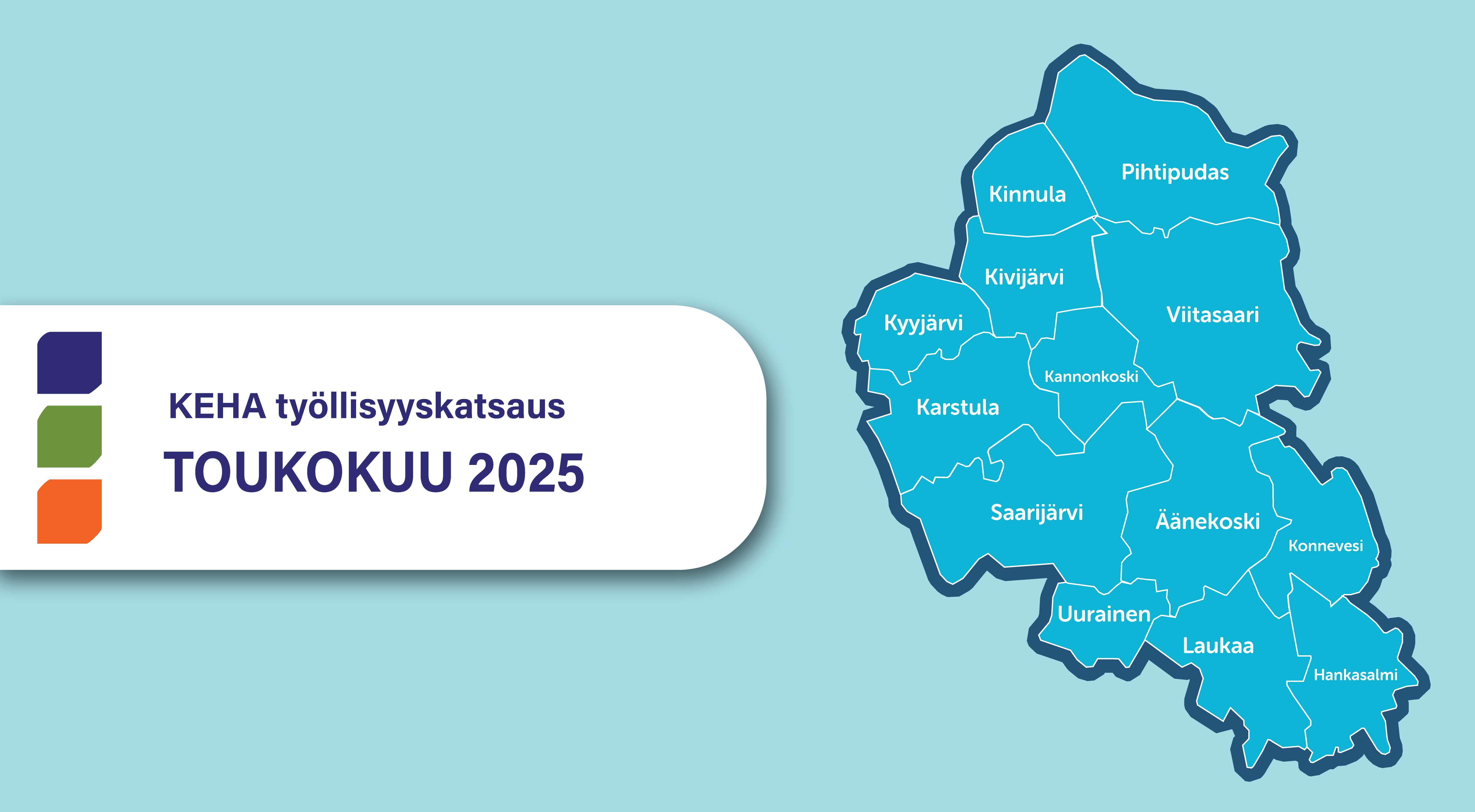 KEHA-keskuksen logo ja teksti Työllisyyskatsaus toukokuu 2025. Tekstin vieressä Pohjoisen Keski-Suomen työllisyysalueen yksinkertaistettu kartta.
