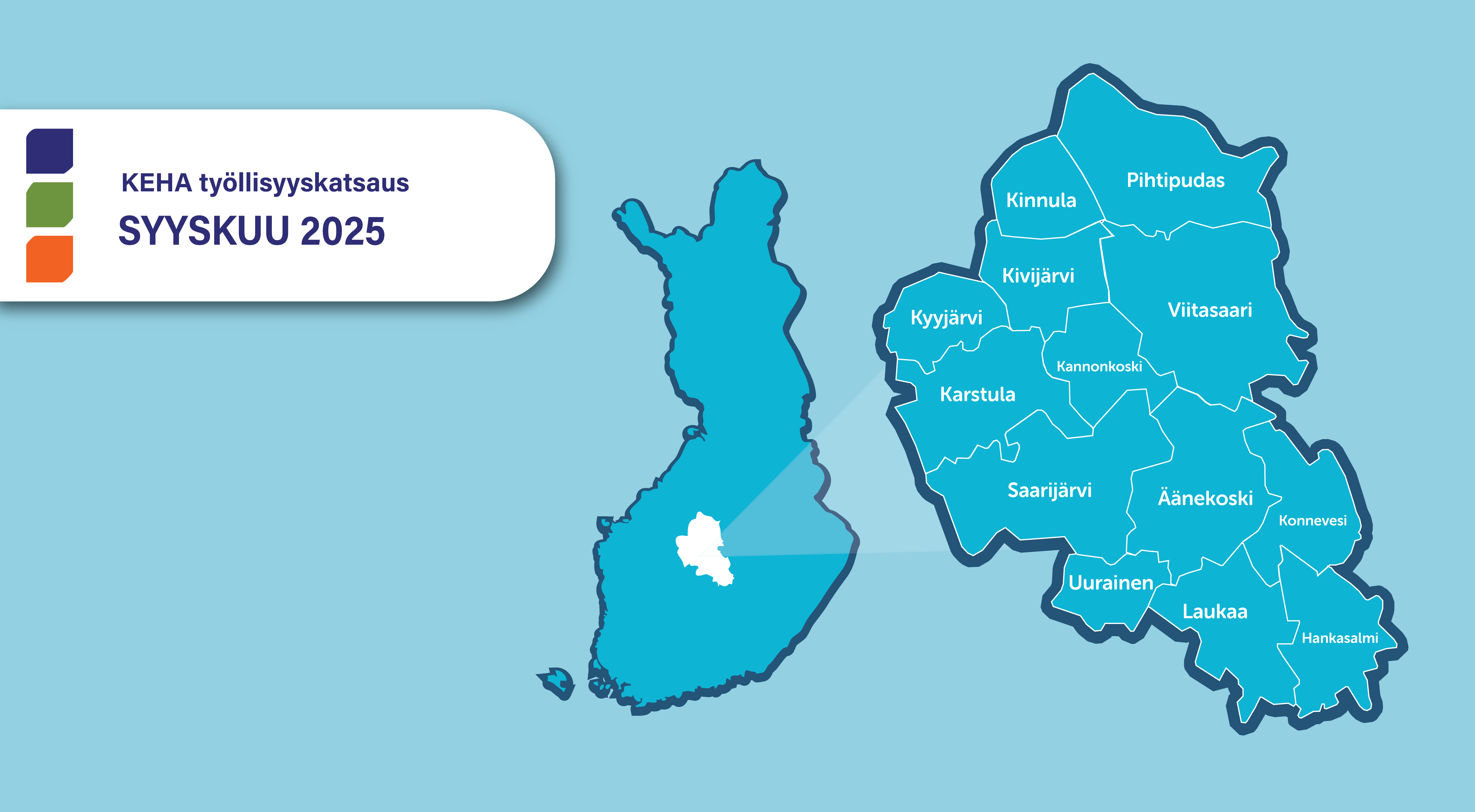 Suomen kartta, jossa keskellä vaaleammalla työllisyysalue. Vieressä tarkempi kartta, jossa näkyy työllisyysalueen kunnat.