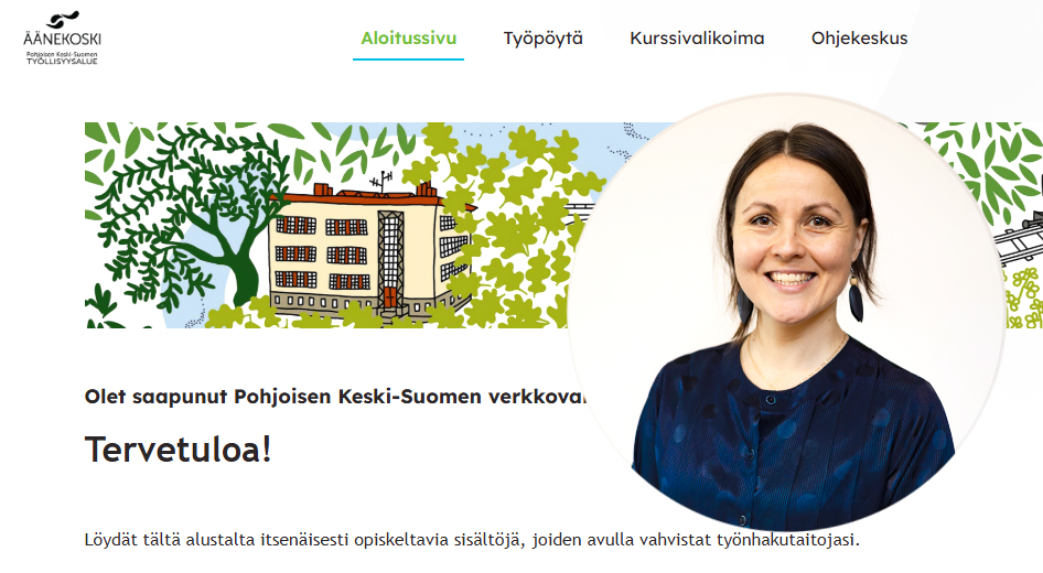 Kuva Verkkis-verkkovalmennusalustasta. Kuvan päällä valmennusalustan kehittäneen henkilön kuva pyöreän kehyksen sisällä.